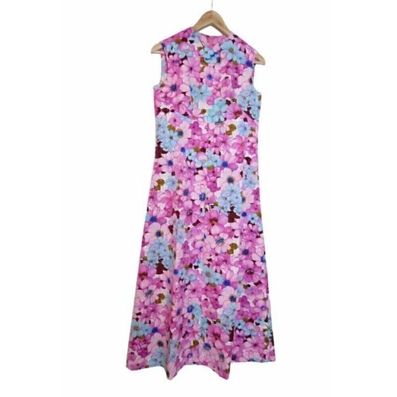 Vintage 60s 70s Hostess Hawaiian Purple Pink Floral Sleeveless Dress S  0571 - Picture 1 of 6